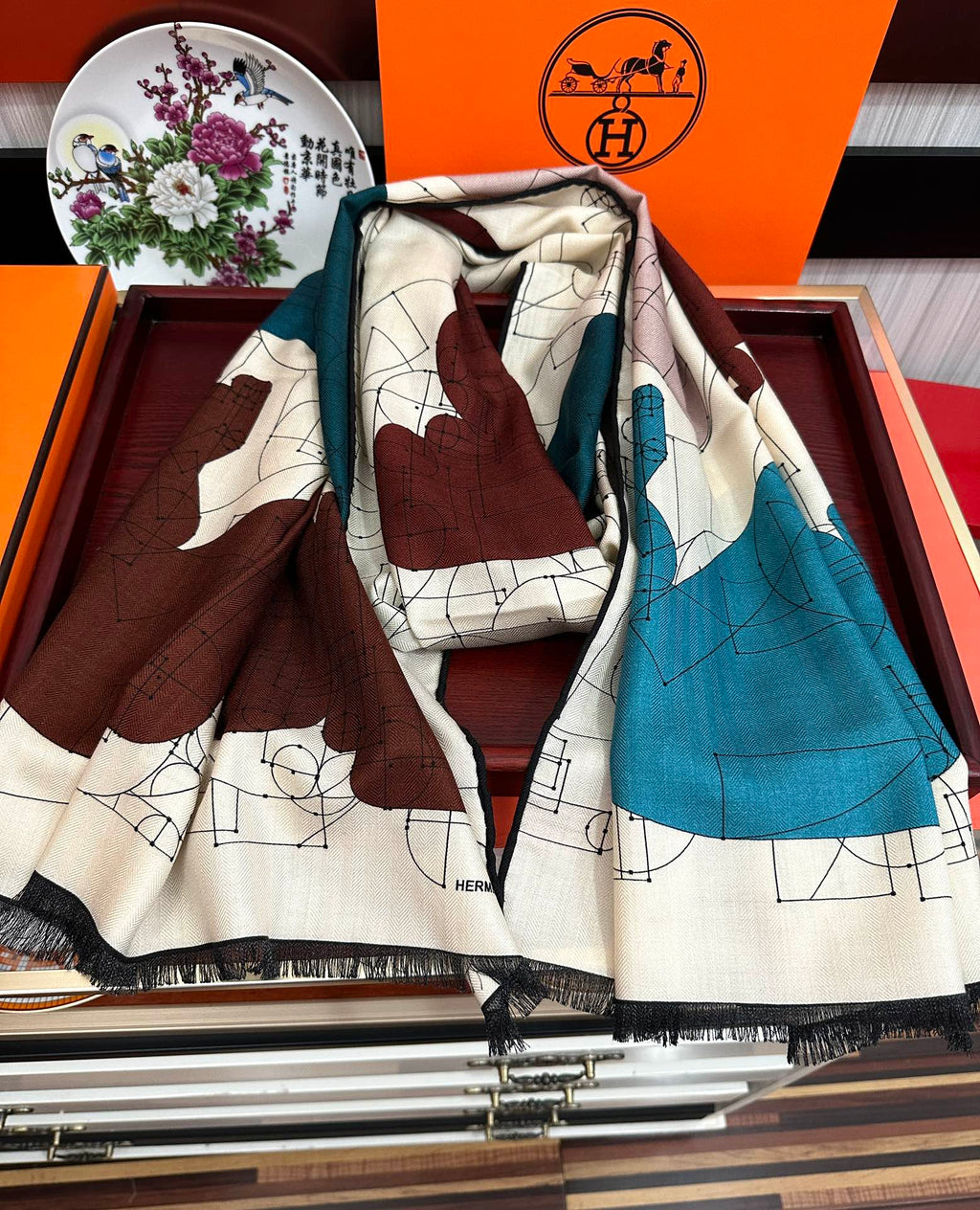 HM 25s Scarf 185 Blue Brown Creams Cashmere 976447