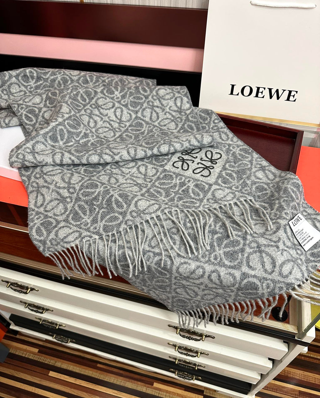 Loewe Anagram Scarf 180CM Grey Cashmere 153106