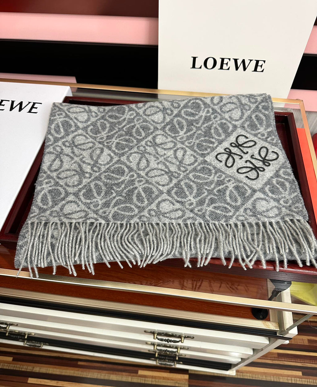 Loewe Anagram Scarf 180CM Grey Cashmere 153106
