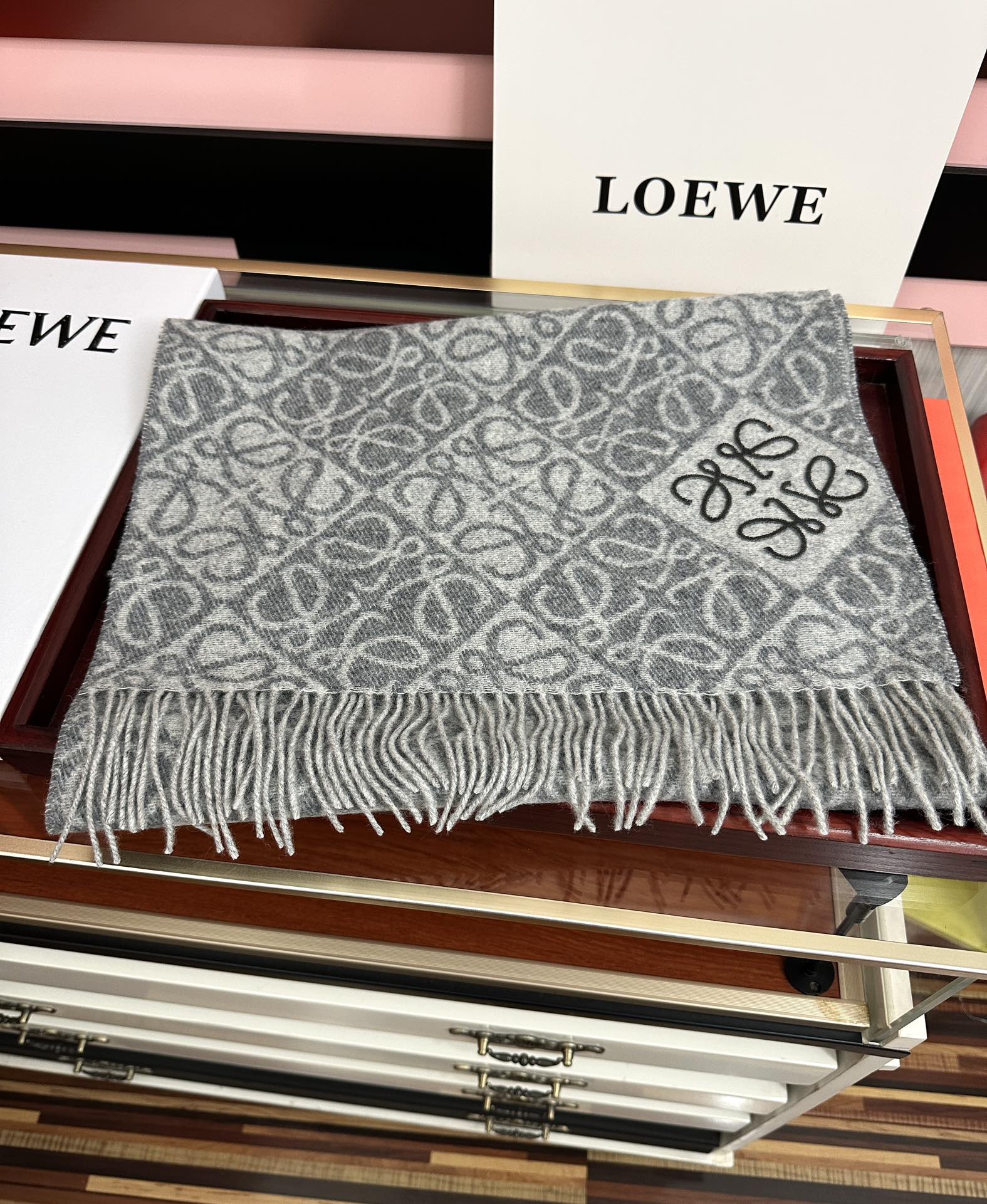 Loewe Anagram Scarf 180CM Grey Cashmere 153106