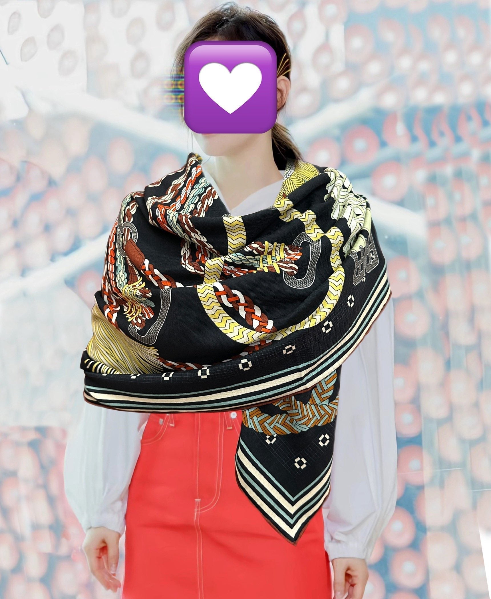 HM 26s Double-sided Scarf 140cm Black Multicolore Silk Velvet 153109