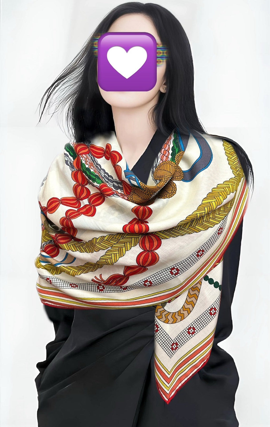 HM 26s Double-sided Scarf 140cm Blanc Multicolore Silk Velvet 153110