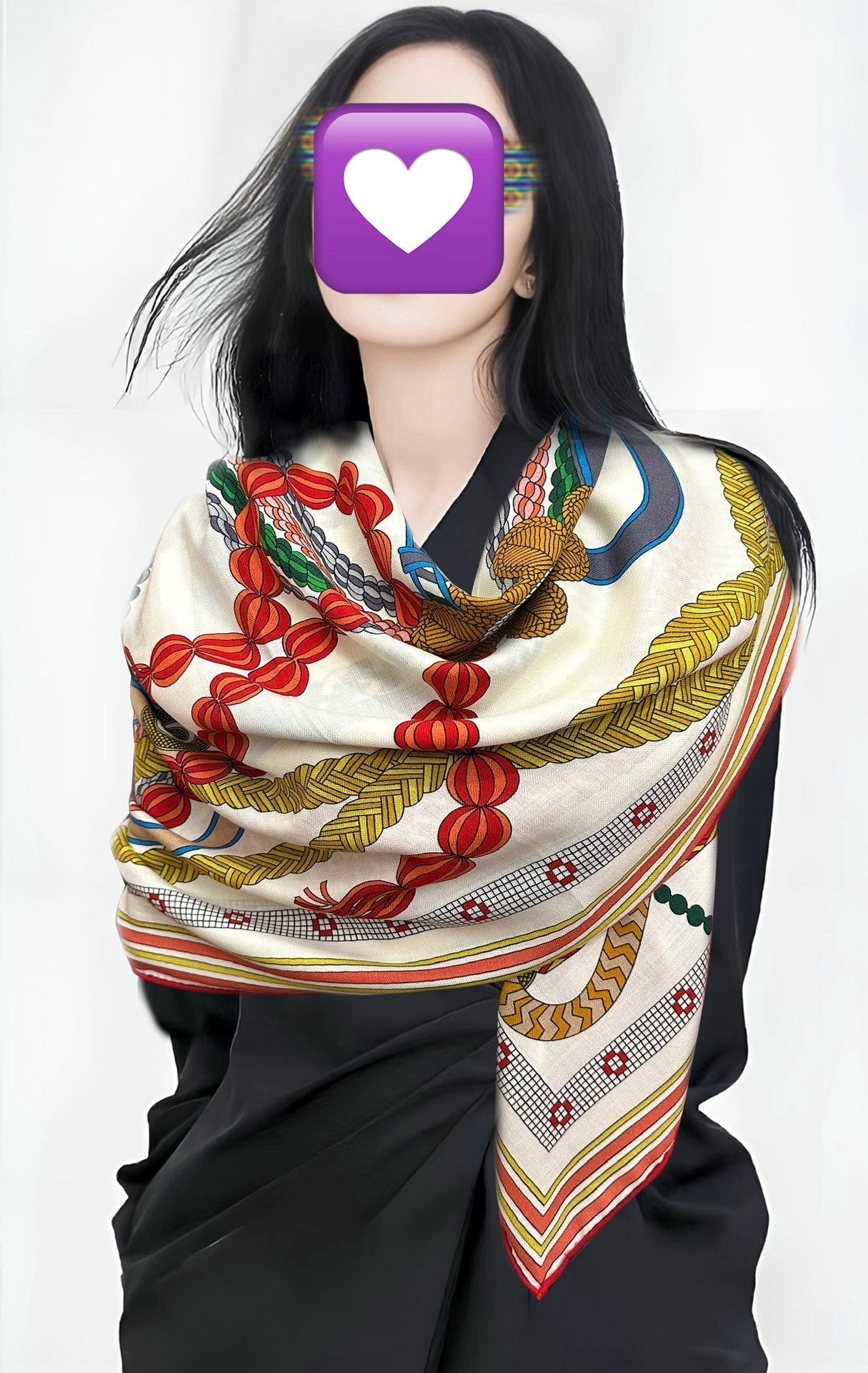 HM 26s Double-sided Scarf 140cm Blanc Multicolore Silk Velvet 153110