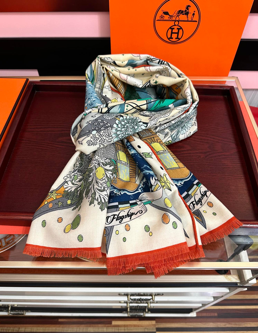 HM 26s Double-sided Scarf 185cm Creme Vert Cashmere 153121