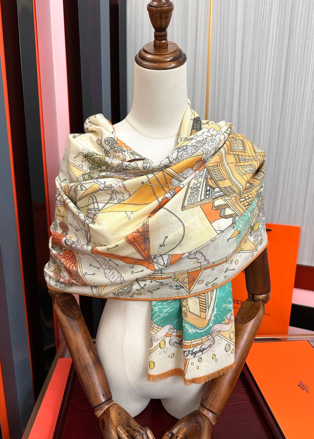 HM 26s Double-sided Scarf 185cm Creme Orange Vert Cashmere 153122