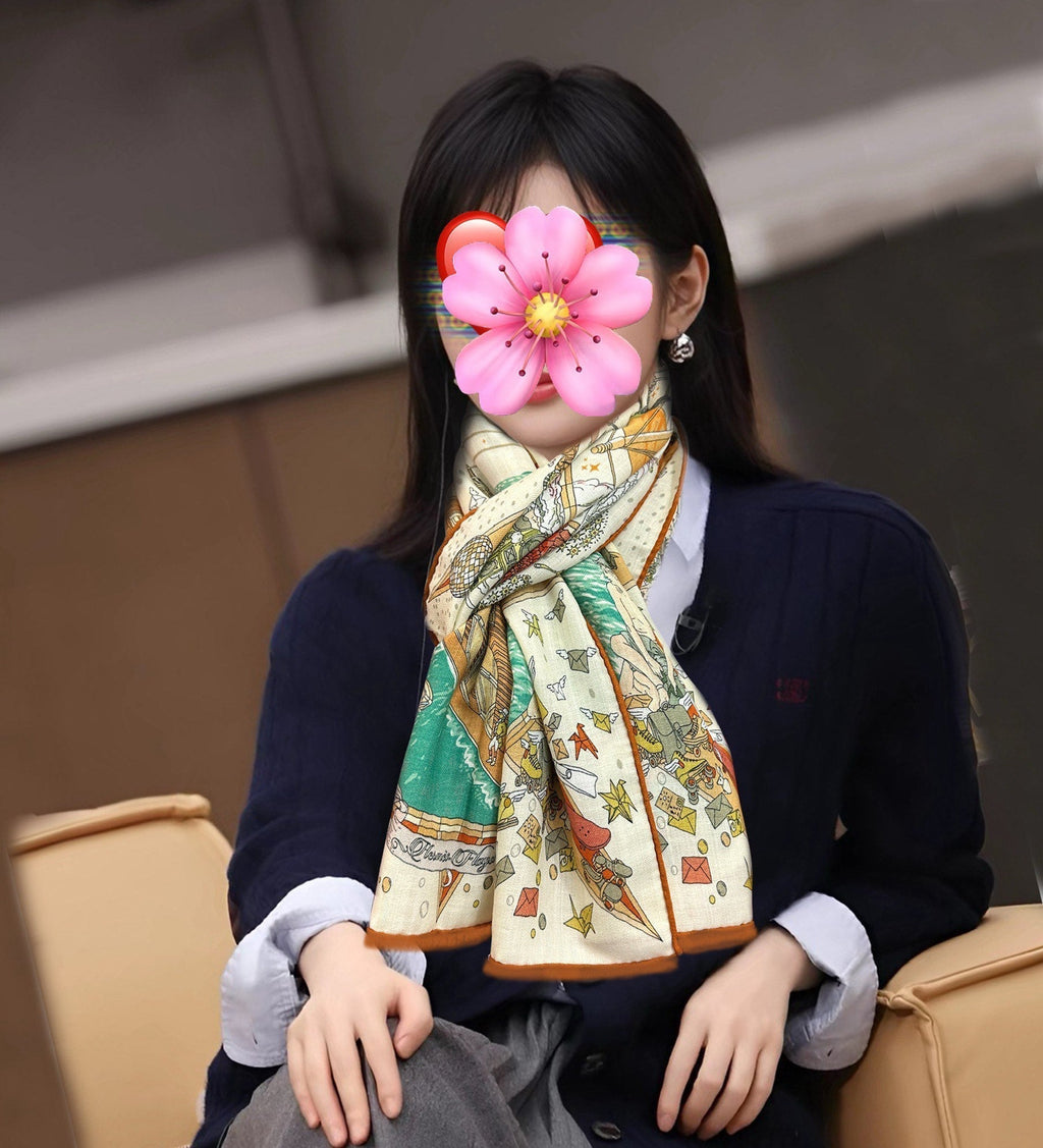 HM 26s Double-sided Scarf 185cm Creme Orange Vert Cashmere 153122