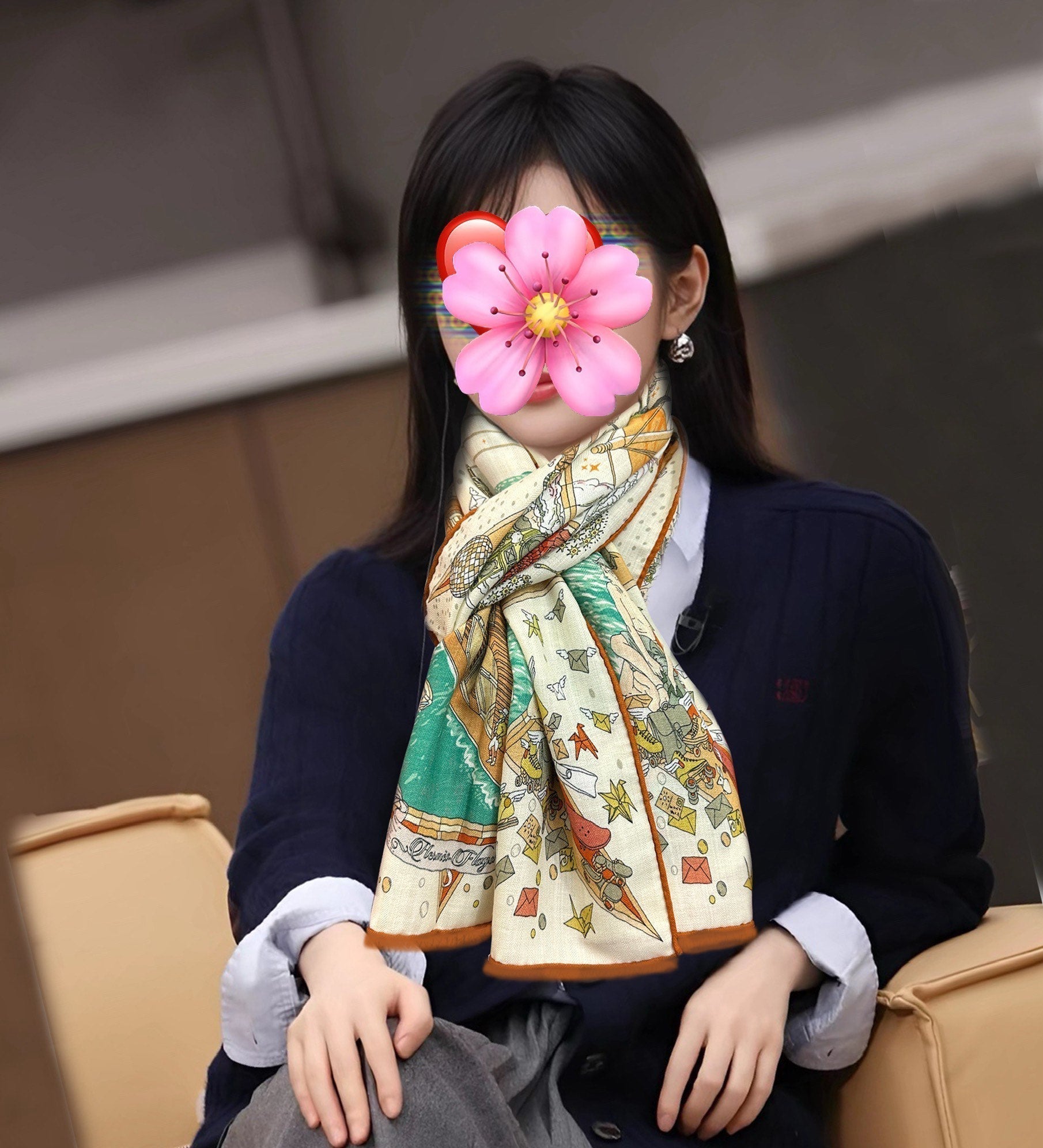 HM 26s Double-sided Scarf 185cm Creme Orange Vert Cashmere 153122