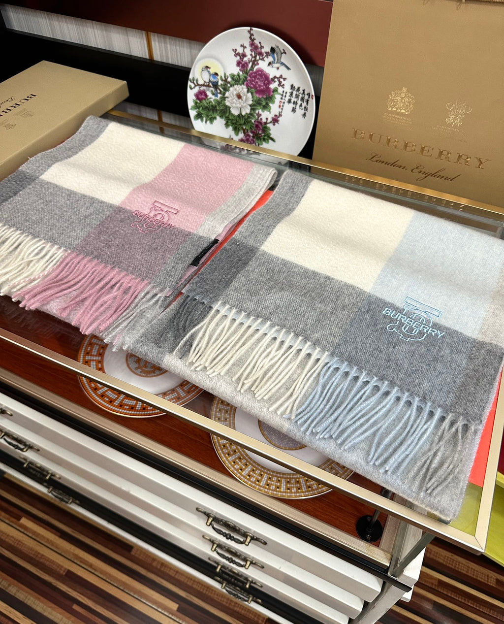 HM 26s Reversible Scarf 180cm Pale Blue Grey Cream Cashmere 153129