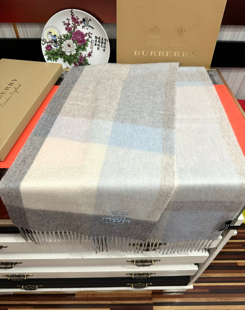 HM 26s Reversible Scarf 180cm Pale Blue Grey Cream Cashmere 153129