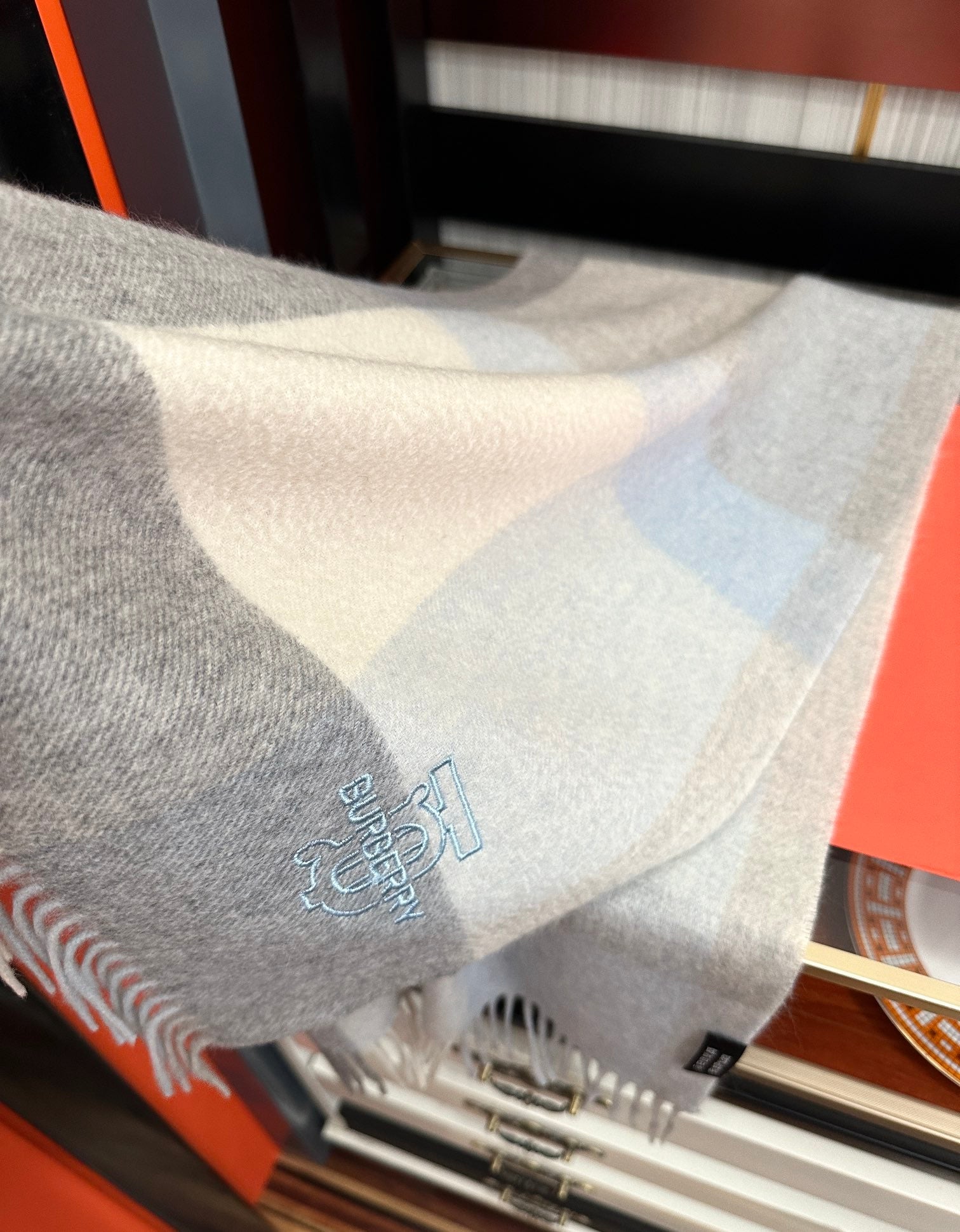 HM 26s Reversible Scarf 180cm Pale Blue Grey Cream Cashmere 153129