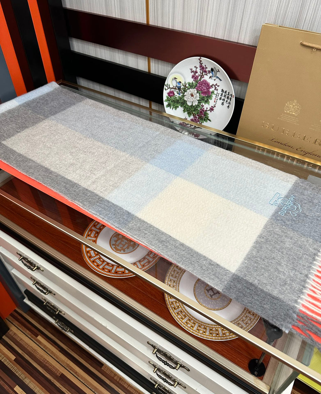 HM 26s Reversible Scarf 180cm Pale Blue Grey Cream Cashmere 153129