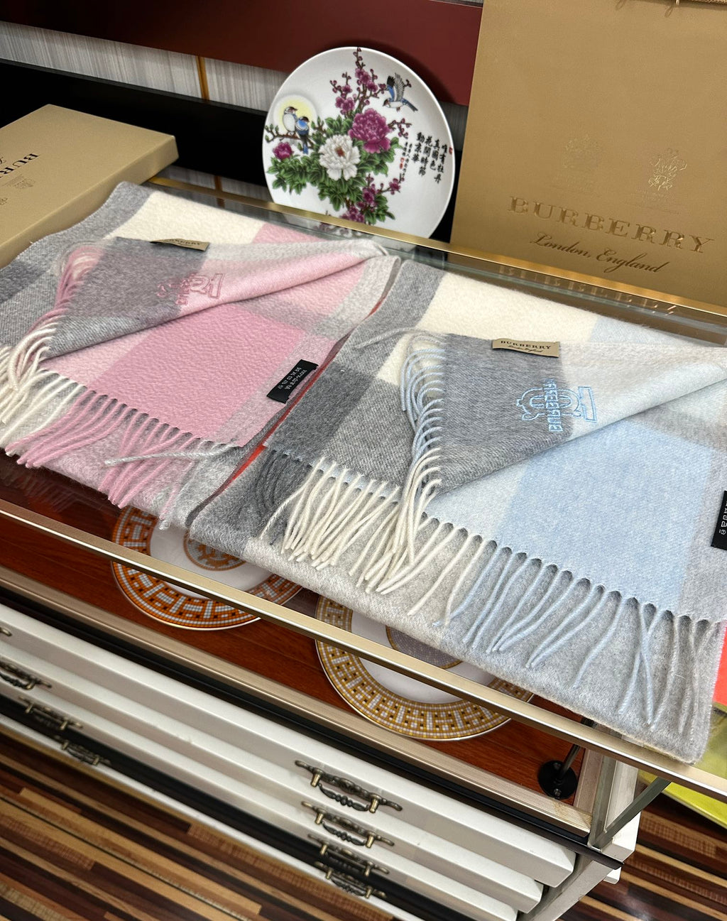 HM 26s Reversible Scarf 180cm Pink Grey Cream Cashmere 153130