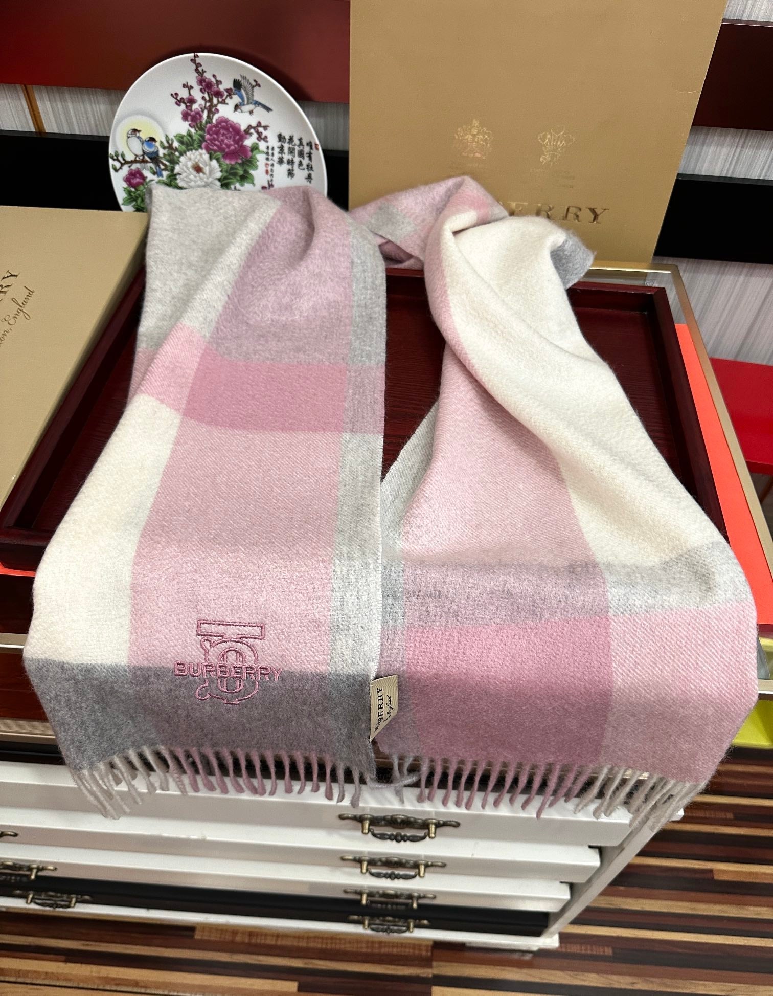 HM 26s Reversible Scarf 180cm Pink Grey Cream Cashmere 153130