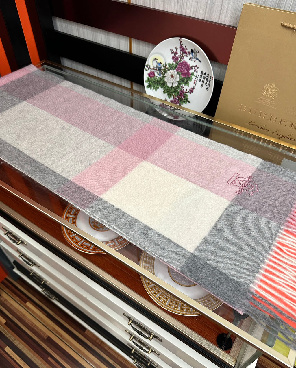 HM 26s Reversible Scarf 180cm Pink Grey Cream Cashmere 153130