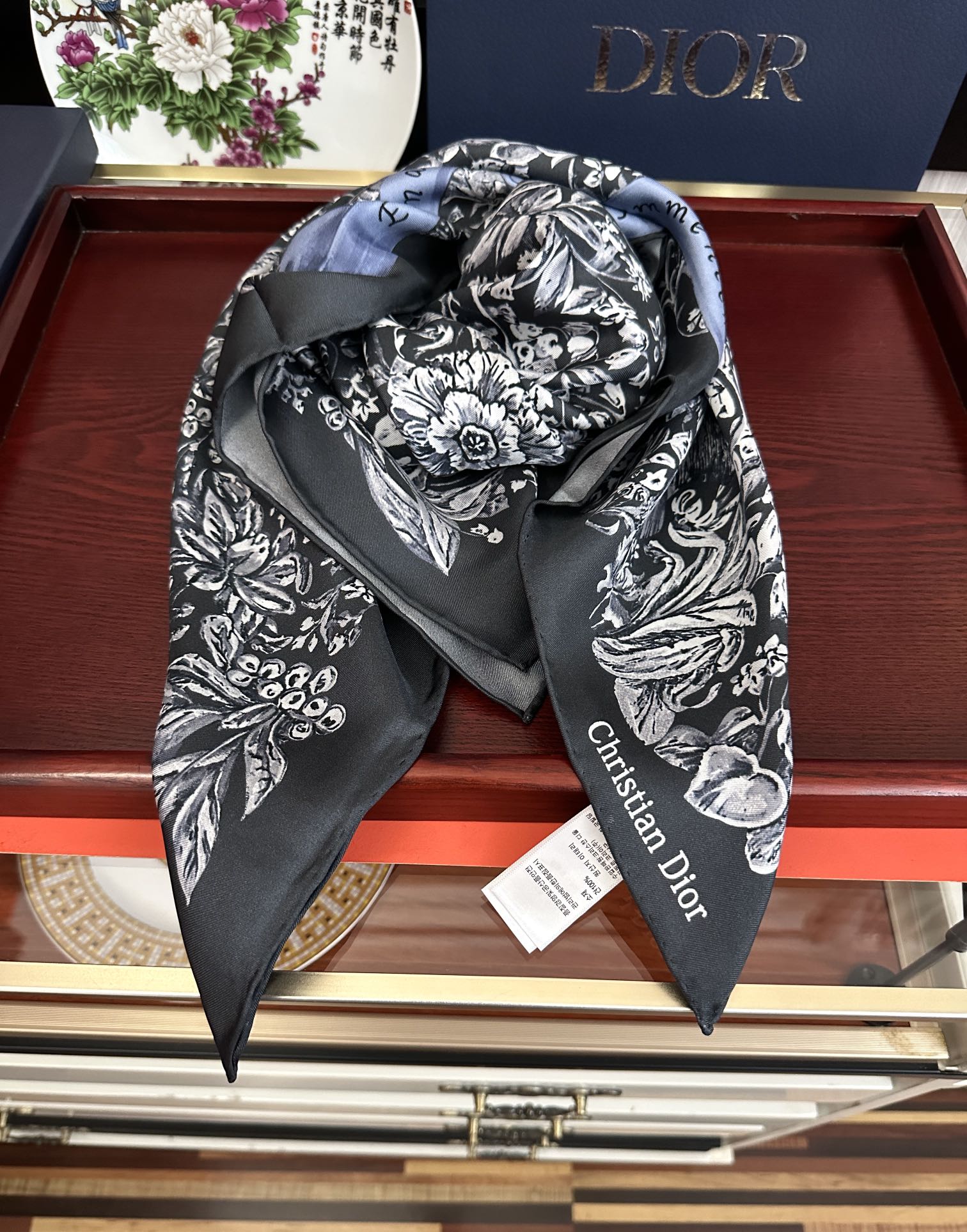 CD Around the World Scarf 90x90cm Black Colorful Twill Silk 304660