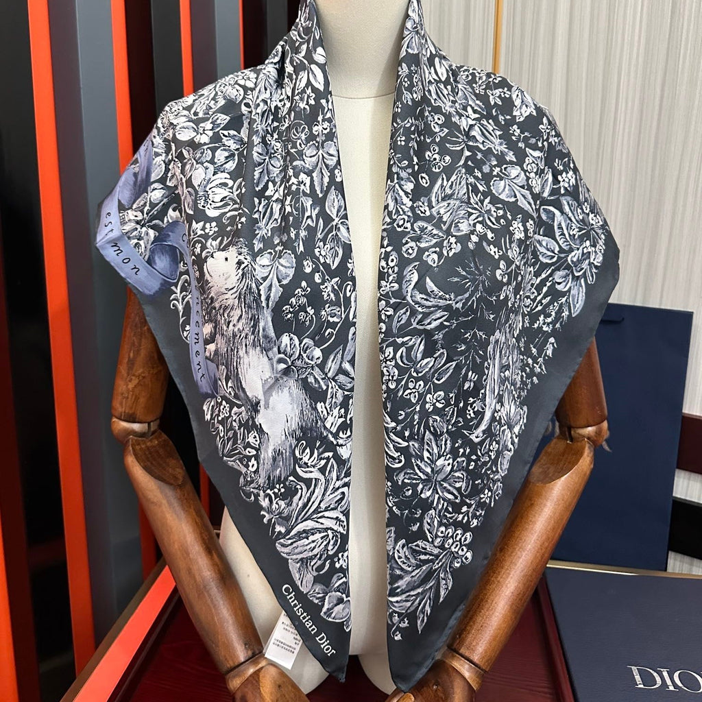 CD Around the World Scarf 90x90cm Black Colorful Twill Silk 304660