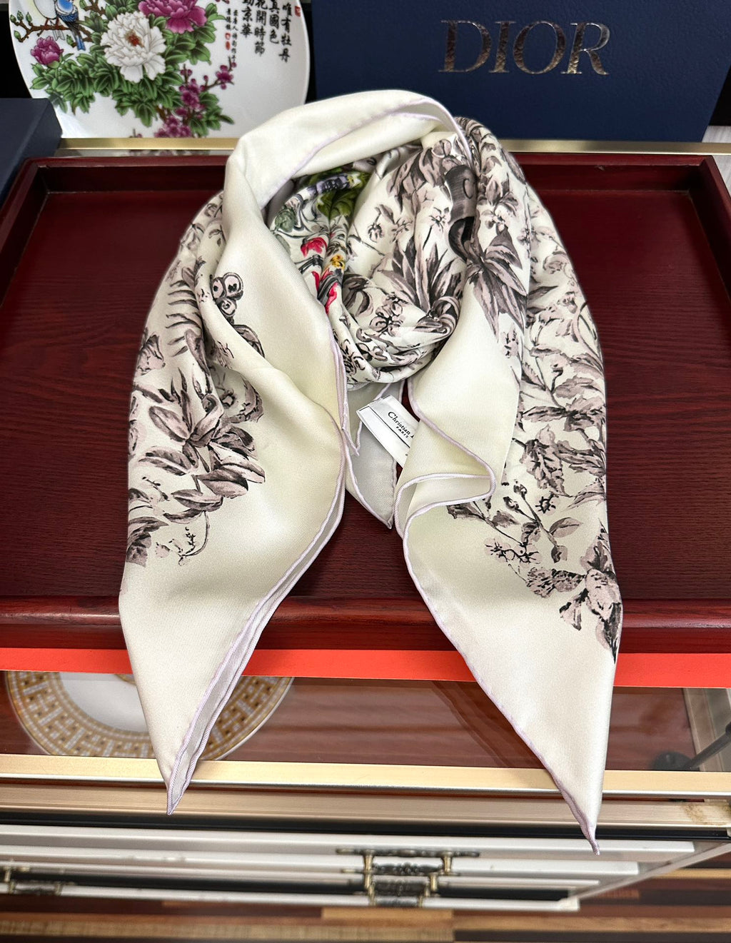 CD Around the World Scarf 90x90cm White Colorful Twill Silk 304661