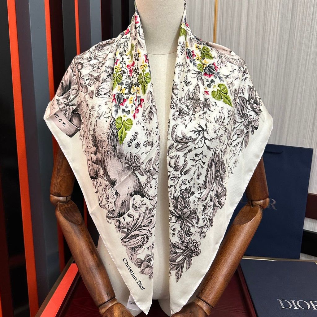 CD Around the World Scarf 90x90cm White Colorful Twill Silk 304661