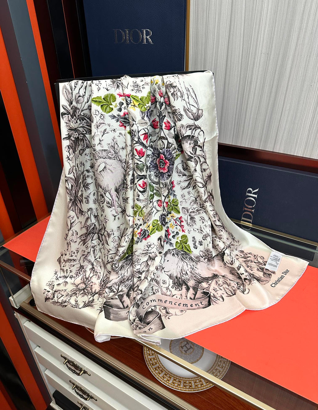 CD Around the World Scarf 90x90cm White Colorful Twill Silk 304661