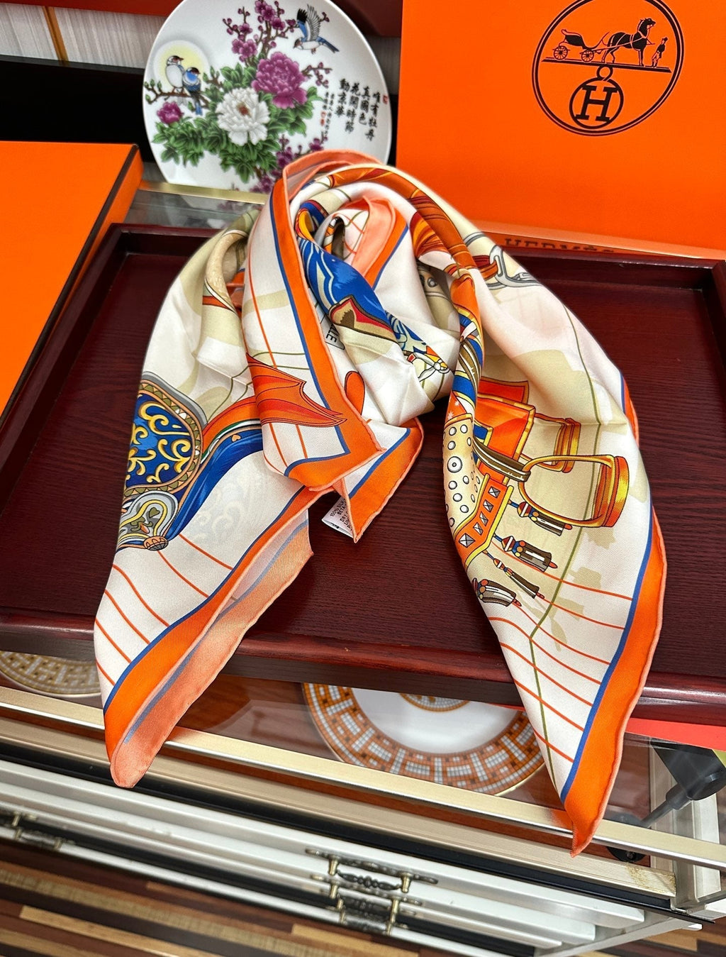 HM Tous en Selle Scarf 90x90cm Orange Colorful Twill Silk 304662