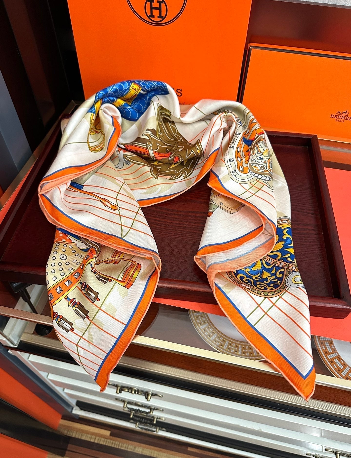 HM Tous en Selle Scarf 90x90cm Orange Colorful Twill Silk 304662