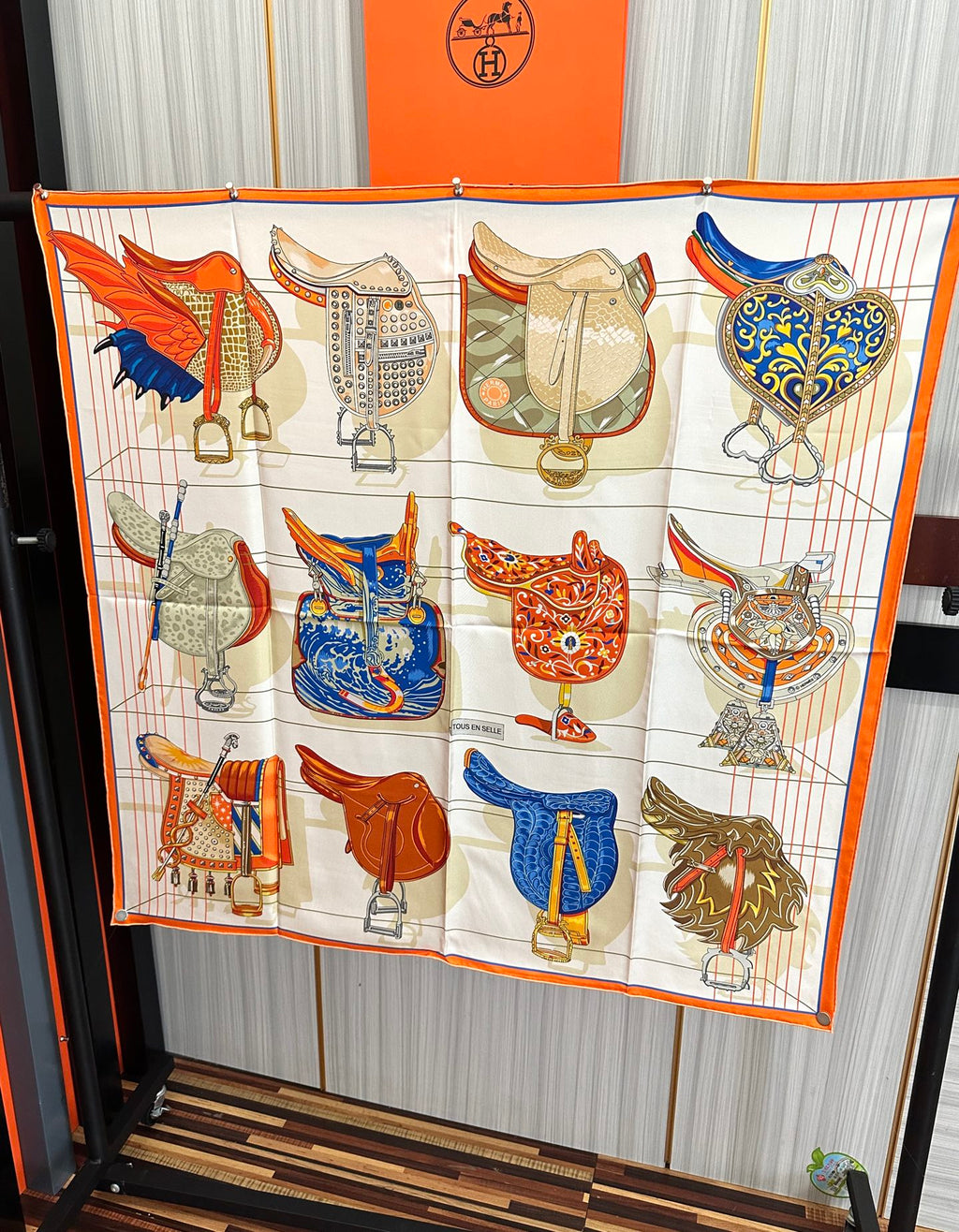 HM Tous en Selle Scarf 90x90cm Orange Colorful Twill Silk 304662