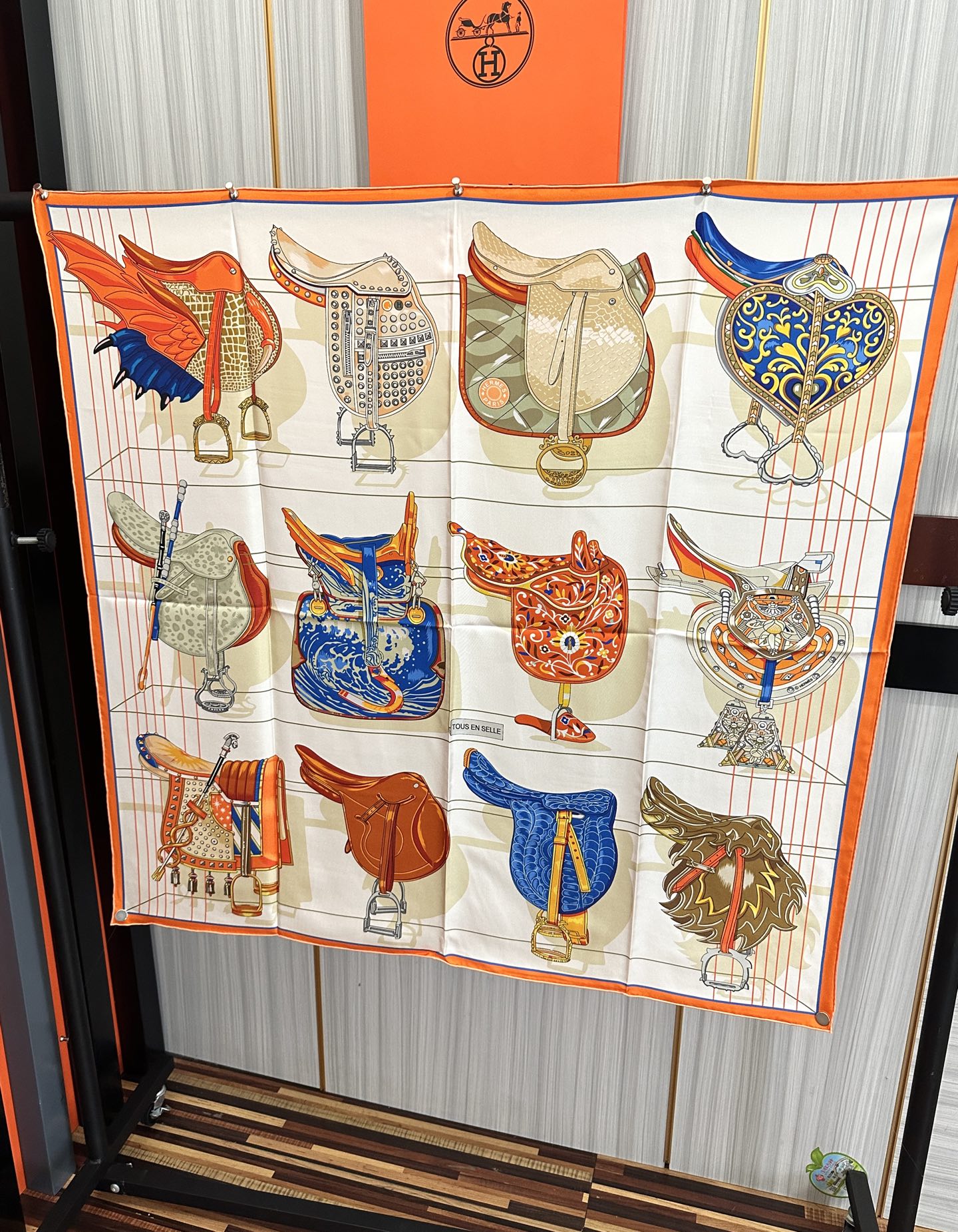 HM Tous en Selle Scarf 90x90cm Orange Colorful Twill Silk 304662