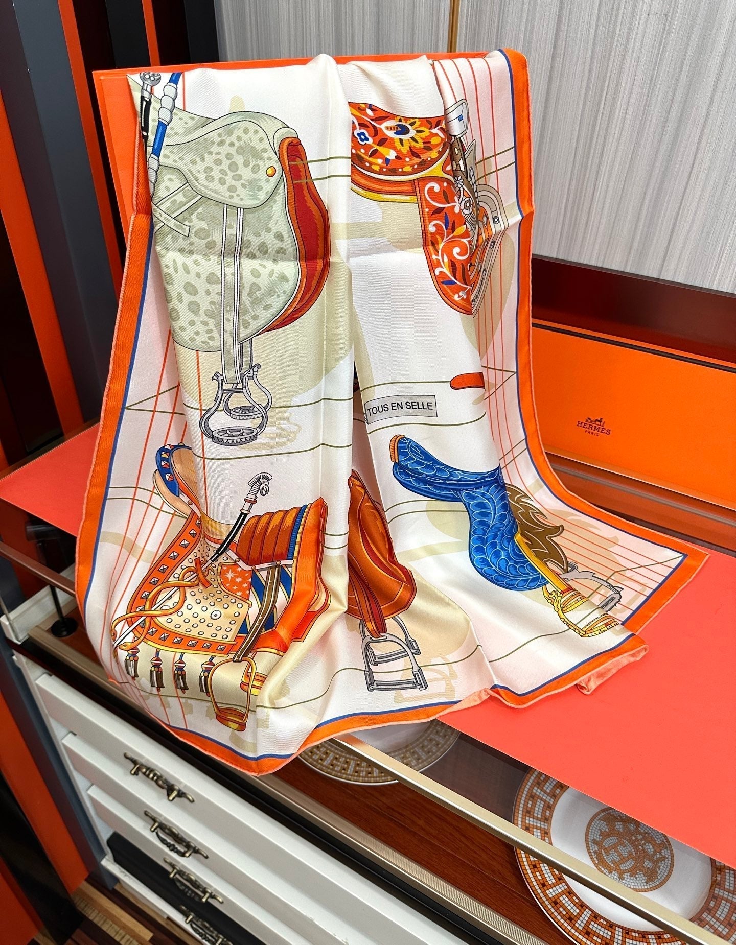 HM Tous en Selle Scarf 90x90cm Orange Colorful Twill Silk 304662