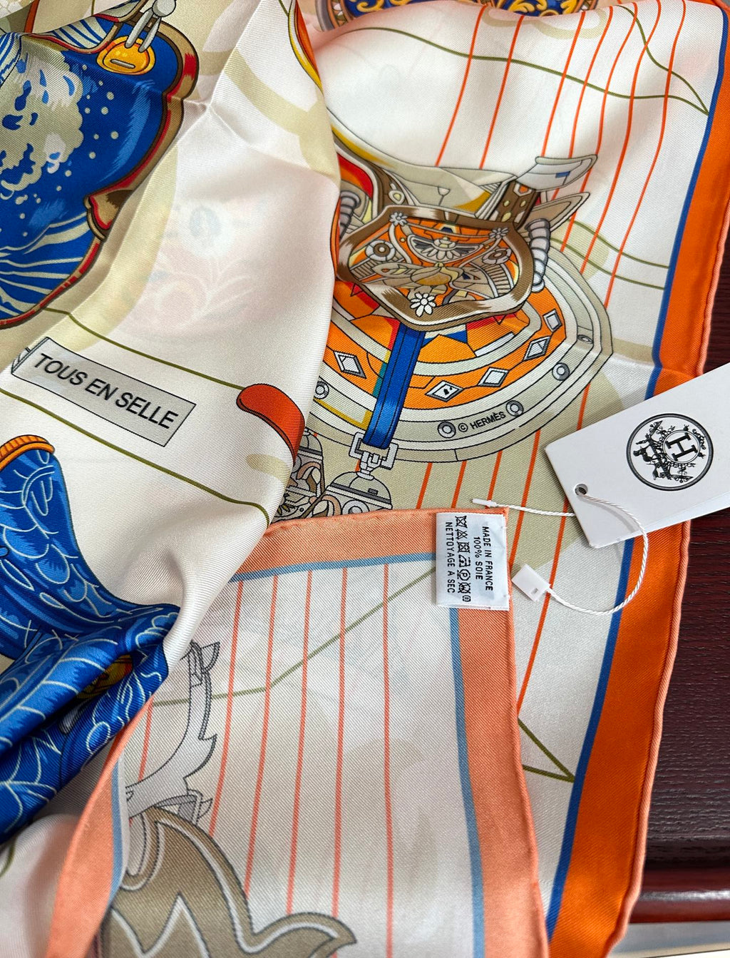 HM Tous en Selle Scarf 90x90cm Orange Colorful Twill Silk 304662