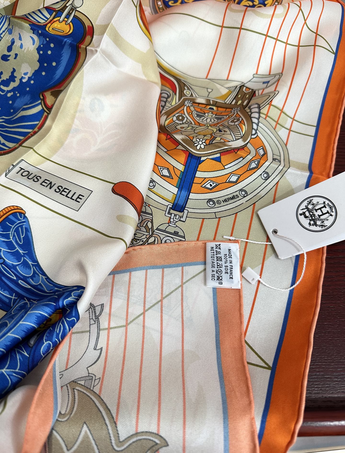 HM Tous en Selle Scarf 90x90cm Orange Colorful Twill Silk 304662