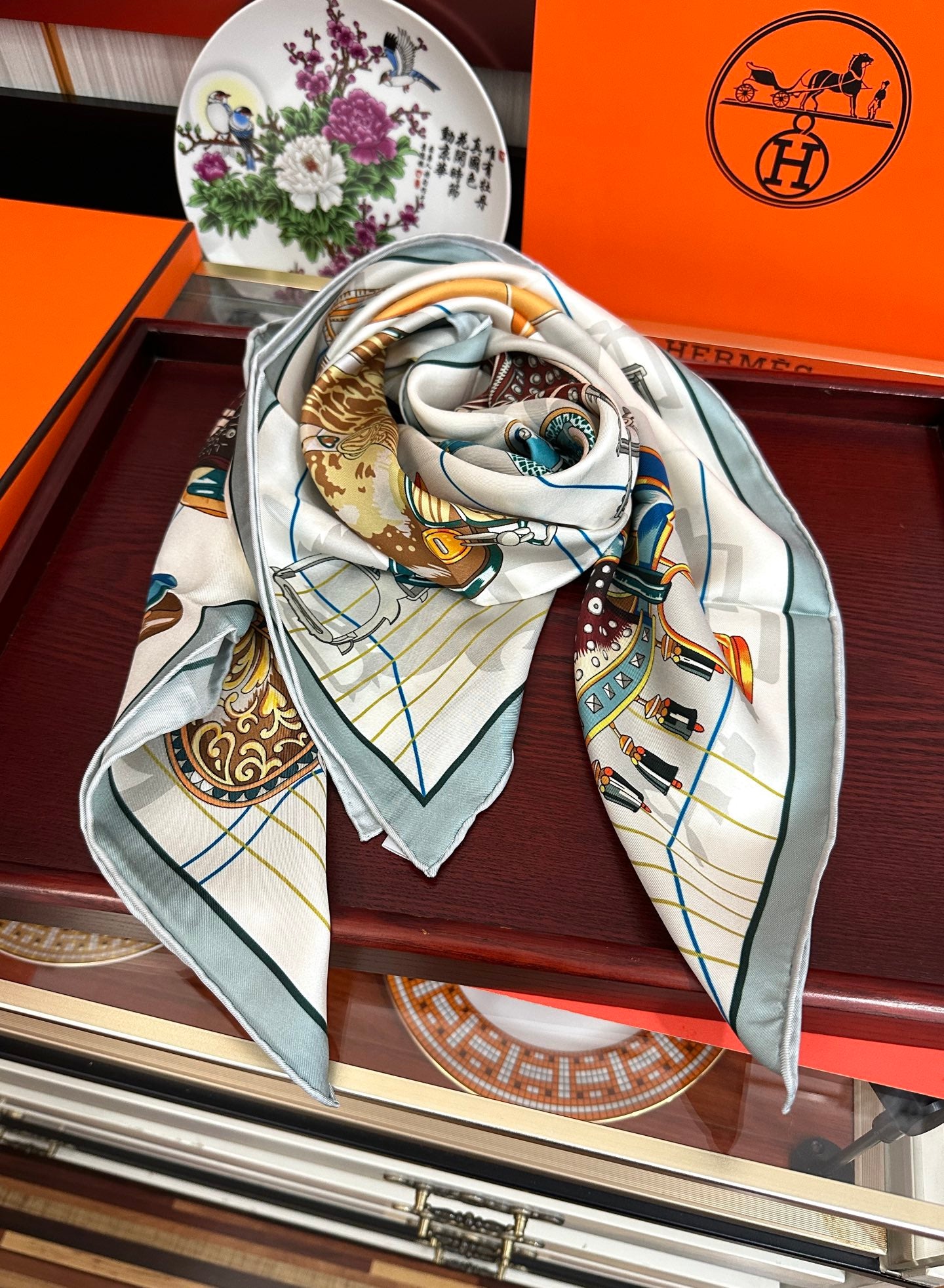 HM Tous en Selle Scarf 90x90cm Light Blue Colorful Twill Silk 304663