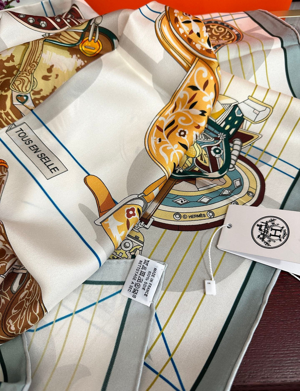 HM Tous en Selle Scarf 90x90cm Light Blue Colorful Twill Silk 304663