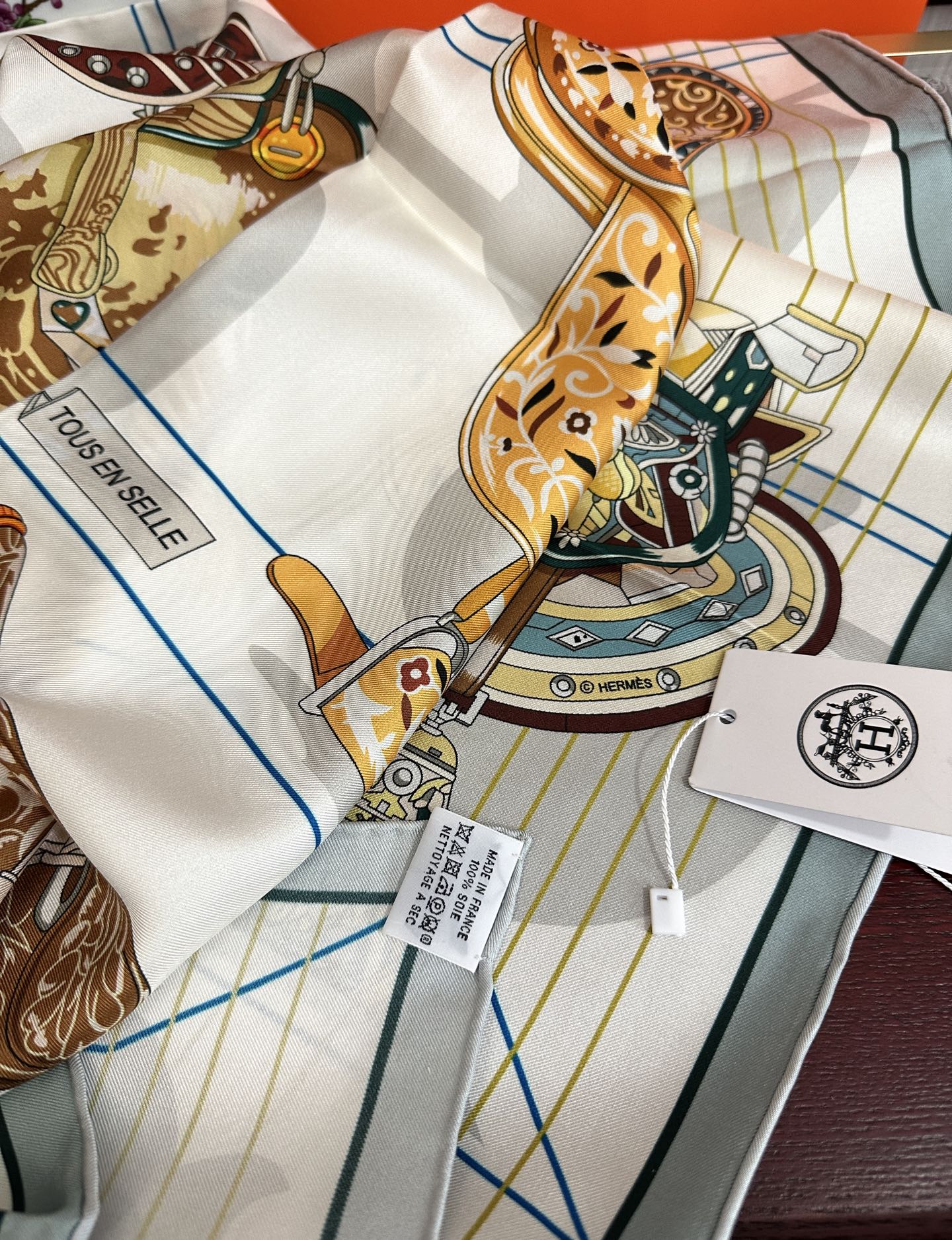 HM Tous en Selle Scarf 90x90cm Light Blue Colorful Twill Silk 304663