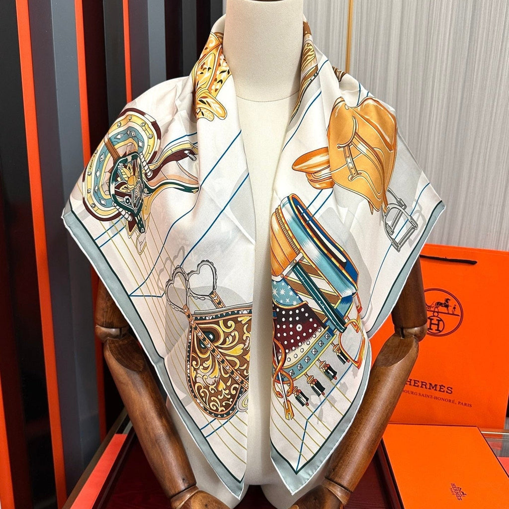 HM Tous en Selle Scarf 90x90cm Light Blue Colorful Twill Silk 304663