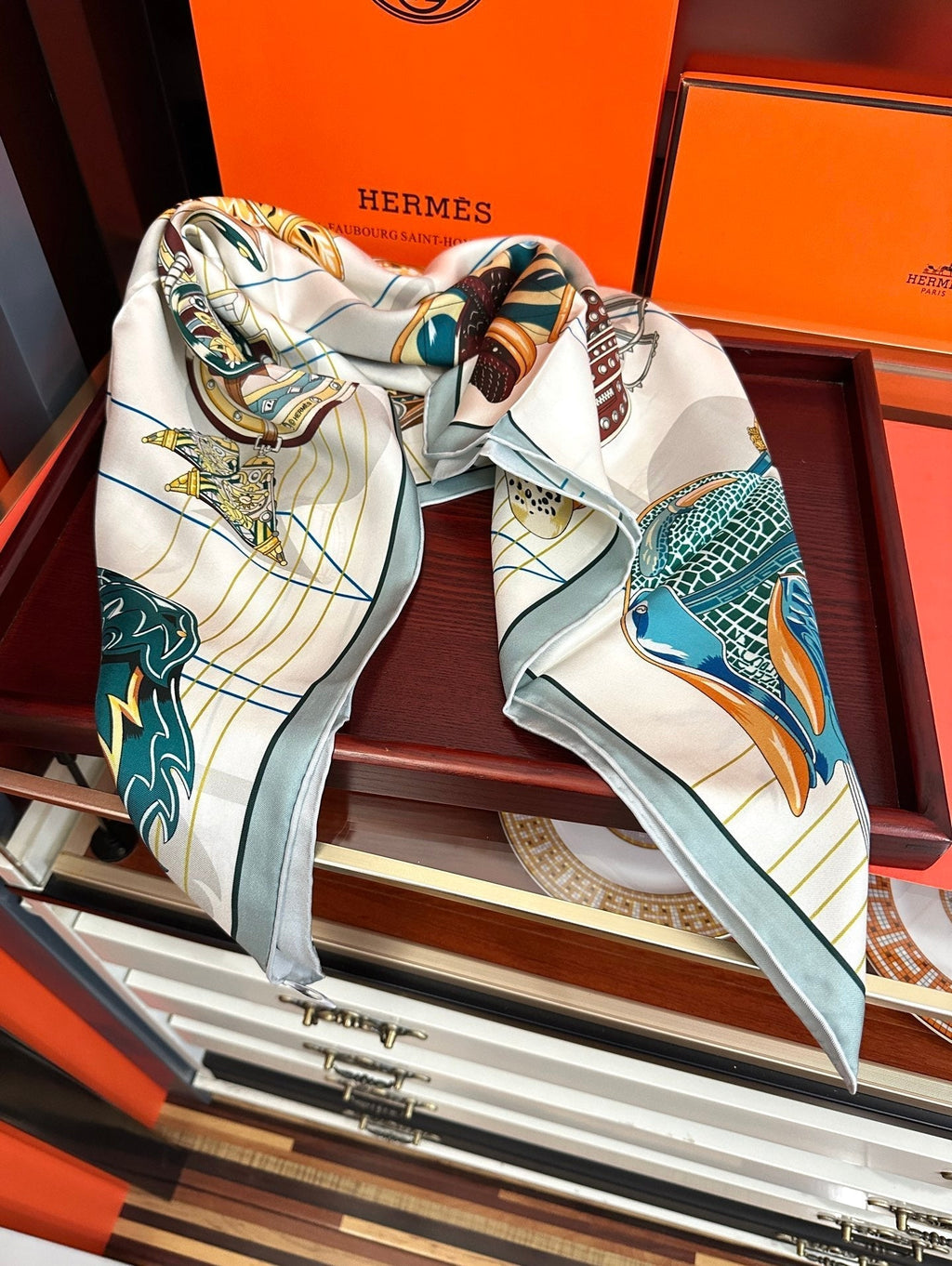 HM Tous en Selle Scarf 90x90cm Light Blue Colorful Twill Silk 304663