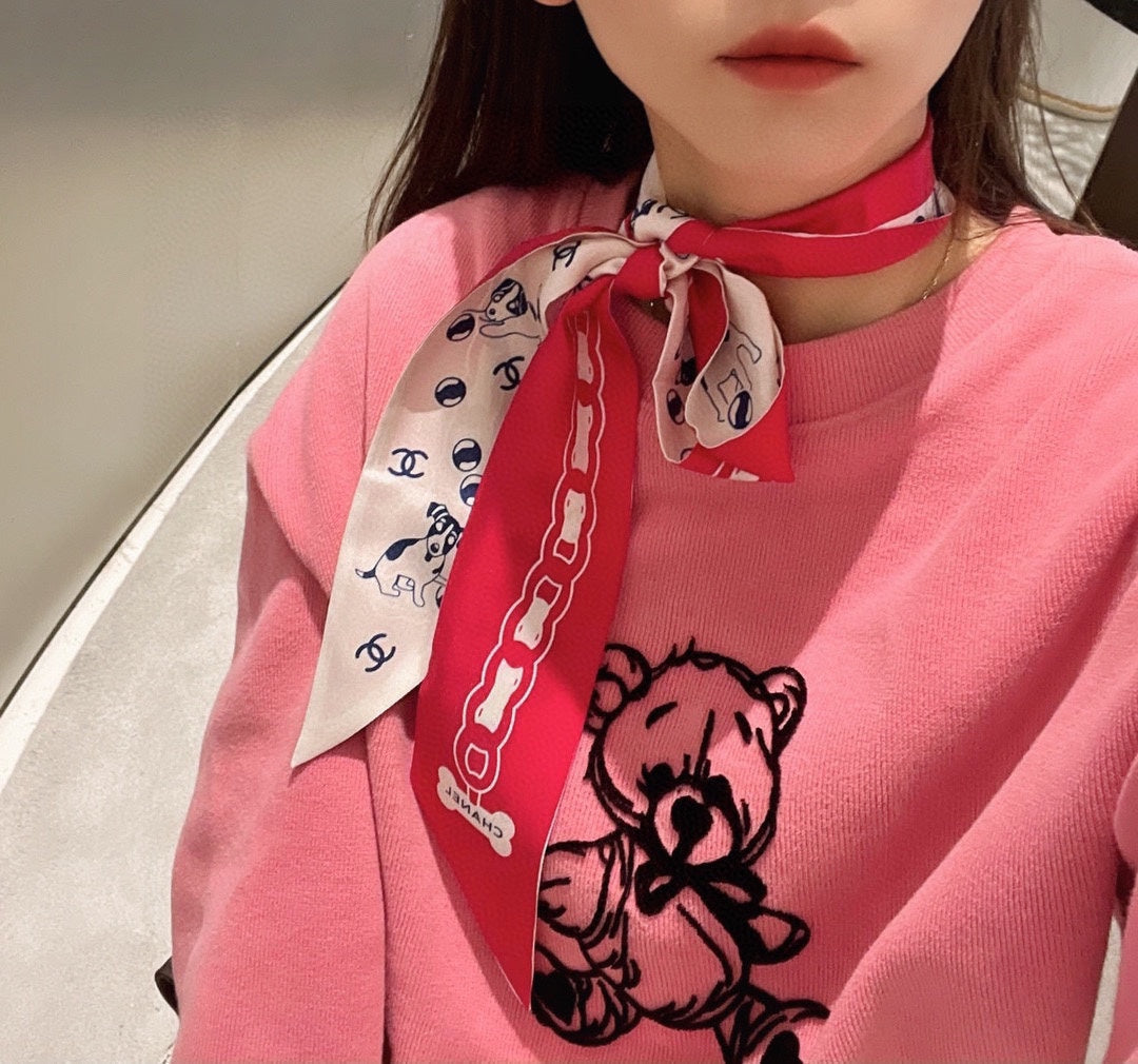 CC Twilly Mini Scarf 120cm Red White Mulberry Silk 798813