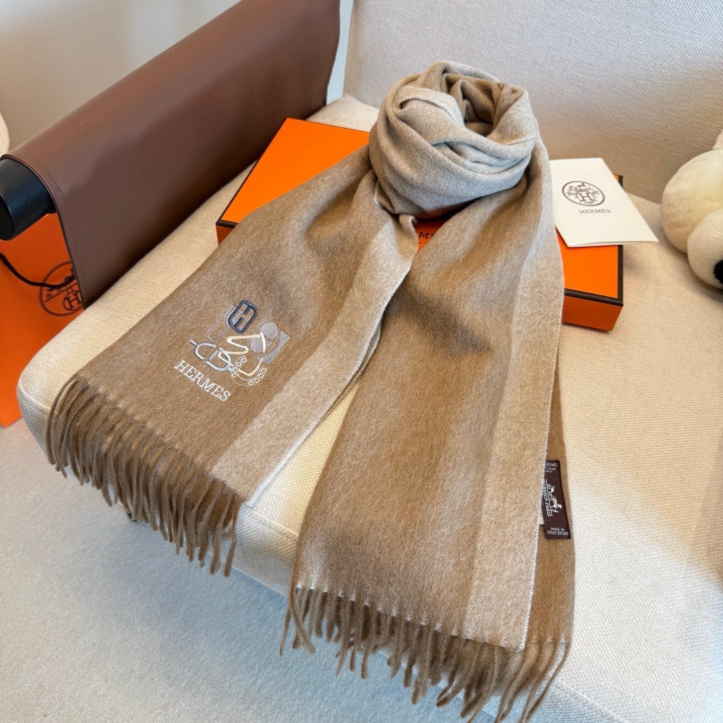 BBR Classic Embroidered Scarf 185CM Beige Cashmere 292823