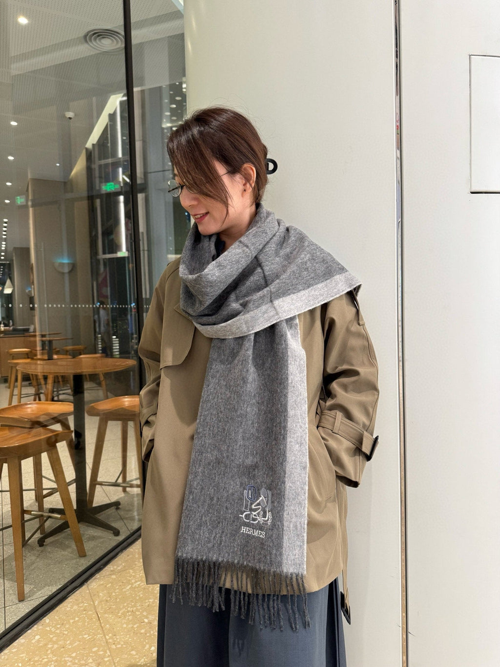 BBR Classic Embroidered Scarf 185CM Gray Cashmere 292824