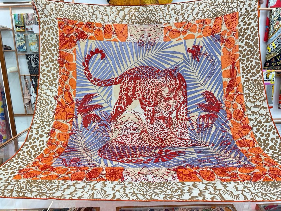Jungle Love Stamped Scarf 140 CM In Orange Colorful Cashmere And Silk 210985