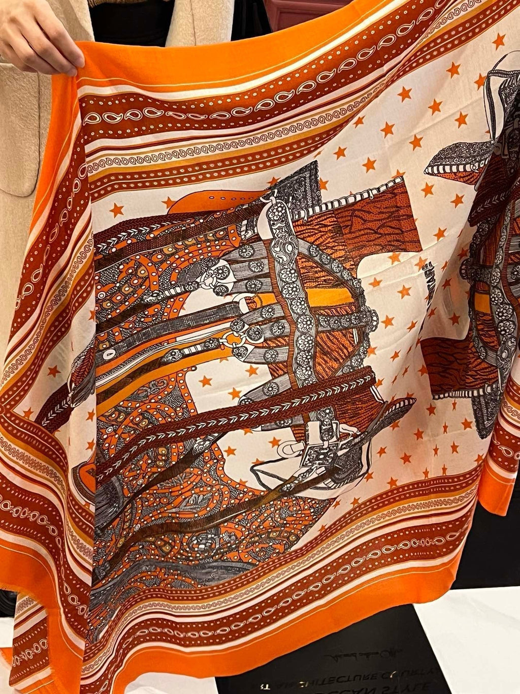 Selle De Dignitaire Bandana Shawl 200 CM In Orange Red Colorful Cashmere 265333