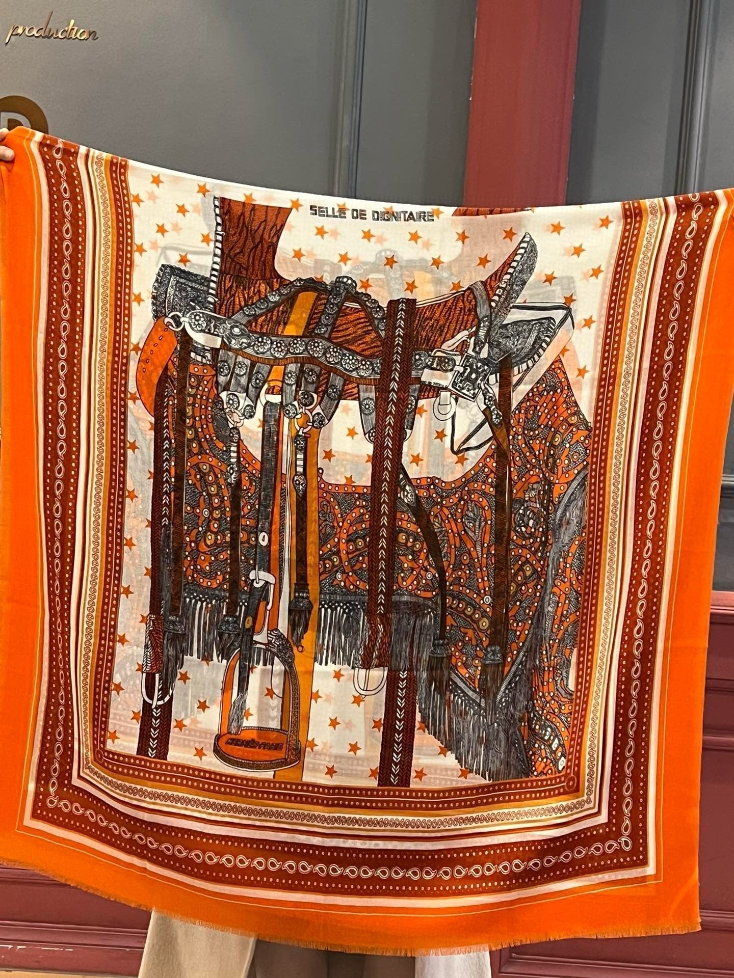 Selle De Dignitaire Bandana Shawl 200 CM In Orange Red Colorful Cashmere 265333