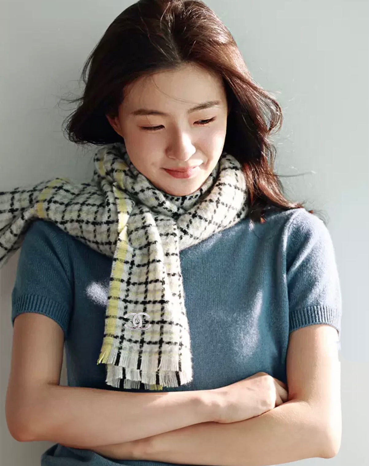CC Scarf 190 CM In White Yellow With Black Plaid Cashmere 416805