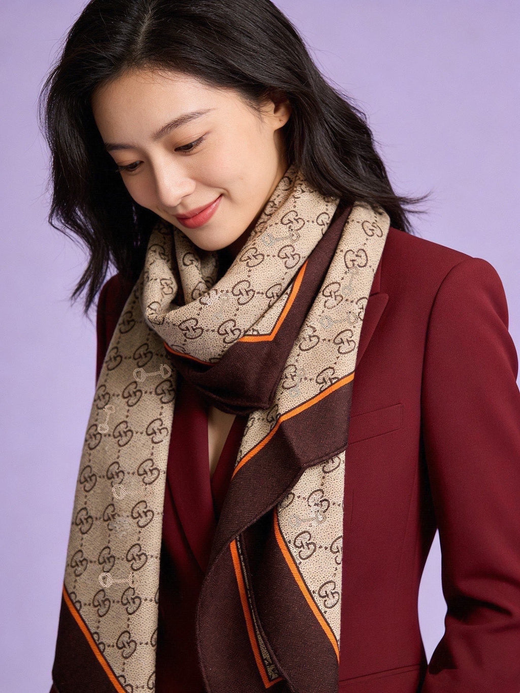 GG Scarf 135x135cm Beige Brown Cashmere Silk 286275