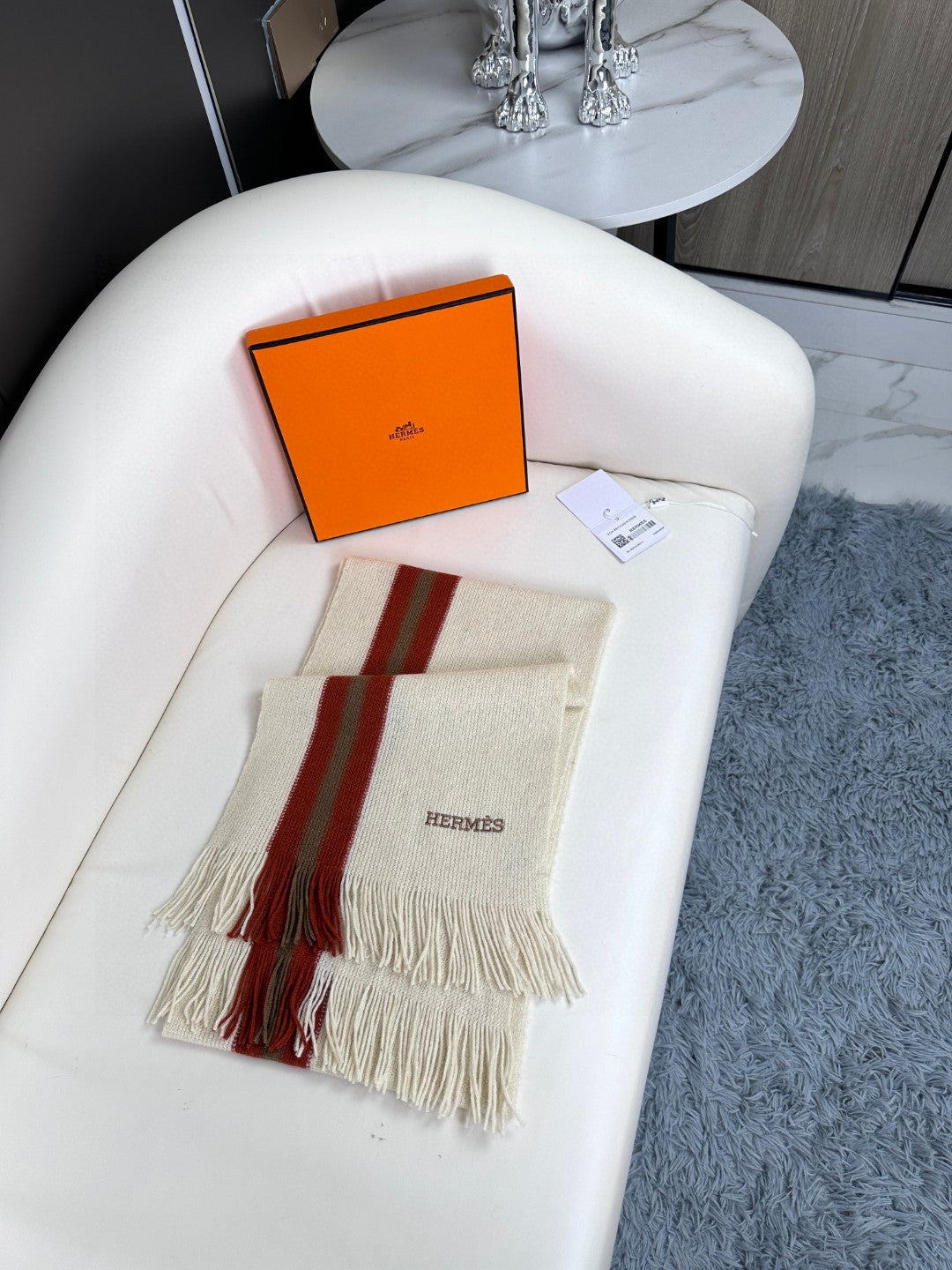 Scarf 180 CM In White Mix Red Khaki Green Cashmere  401086