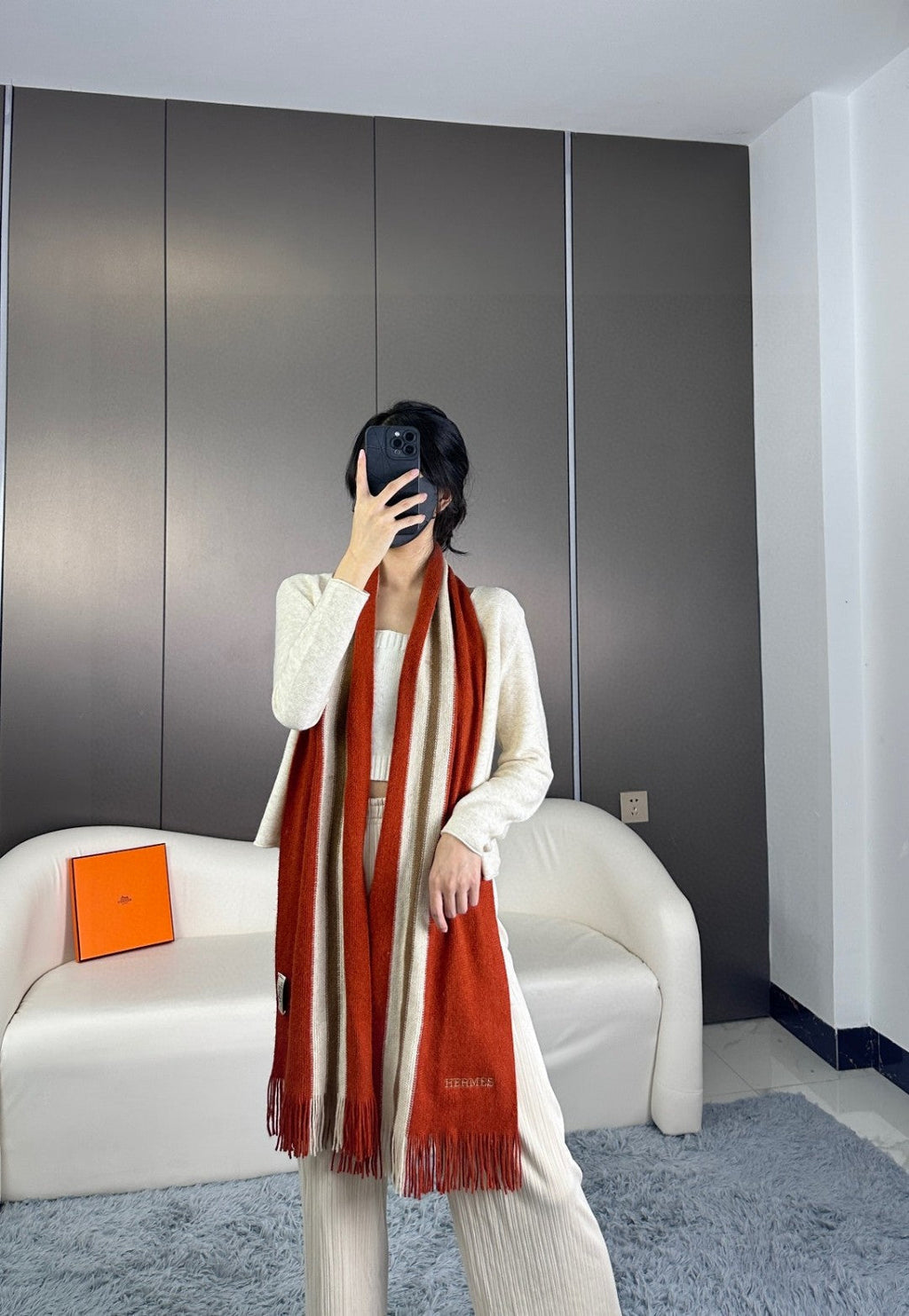 Scarf 180 CM In Red Mix White Khaki Green Cashmere 401087