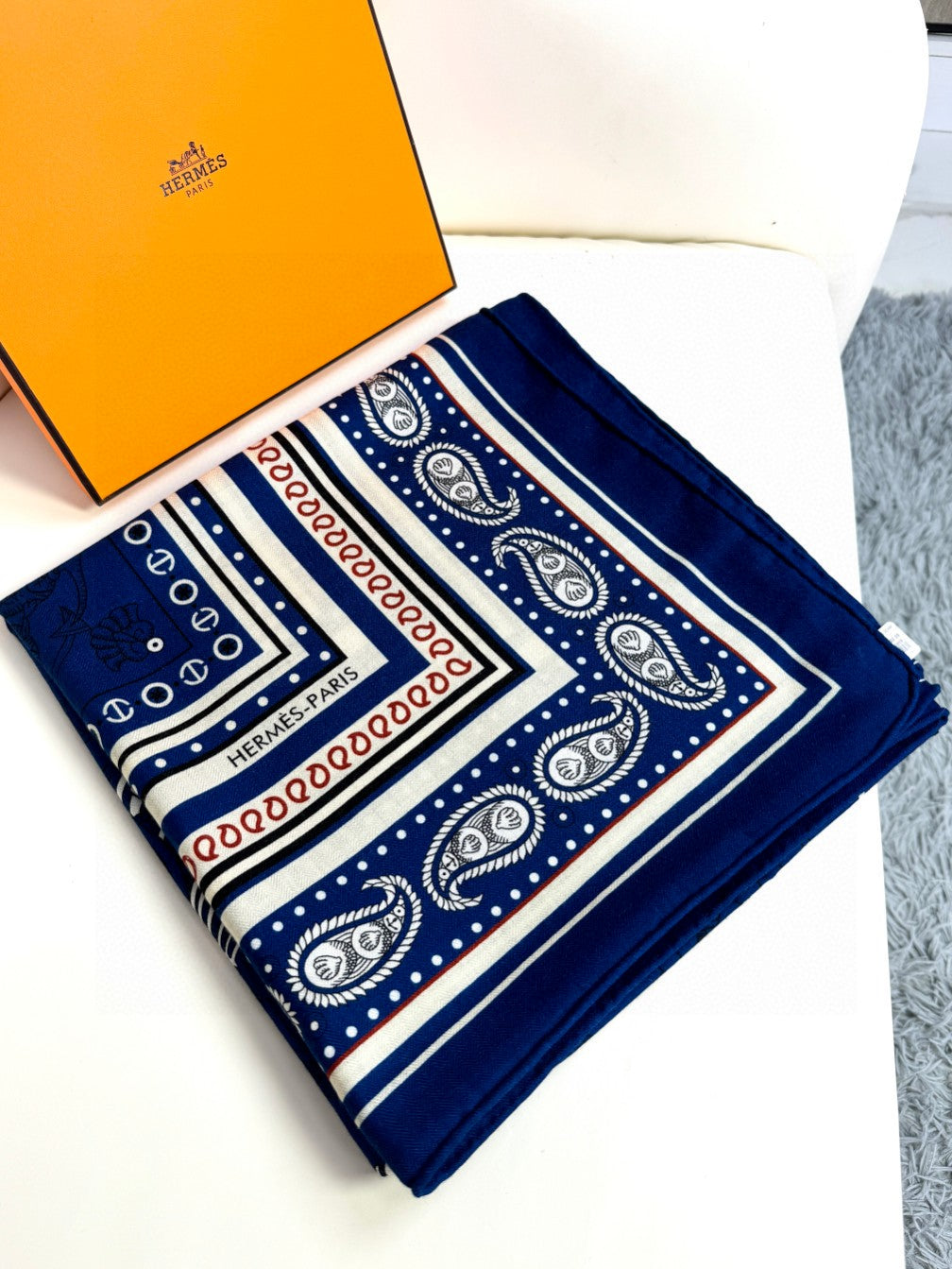 Tatouages Marins Bandana Shawl 135 CM Dark Blue Mix White Red Cashmere And Silk 401090