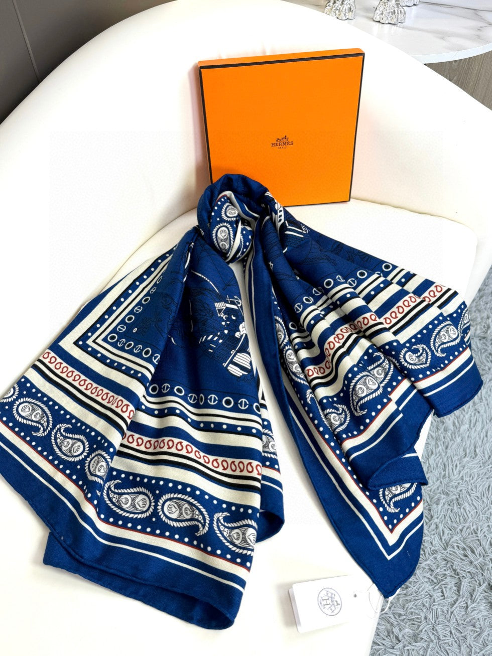 Tatouages Marins Bandana Shawl 135 CM Dark Blue Mix White Red Cashmere And Silk 401090