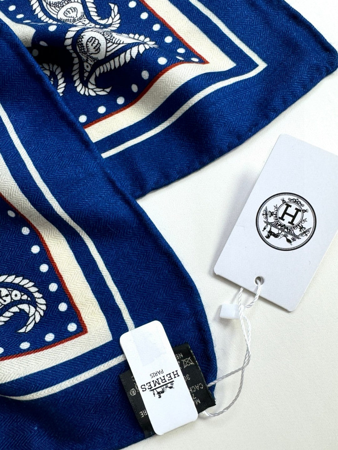 Tatouages Marins Bandana Shawl 135 CM Dark Blue Mix White Red Cashmere And Silk 401090