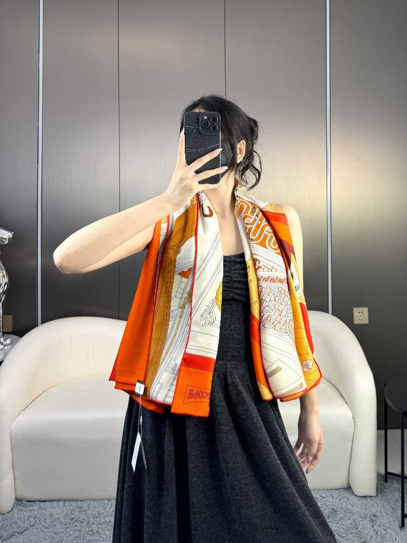 Square scarf 135 CM Yellow Orange Colorful Cashmere And Silk