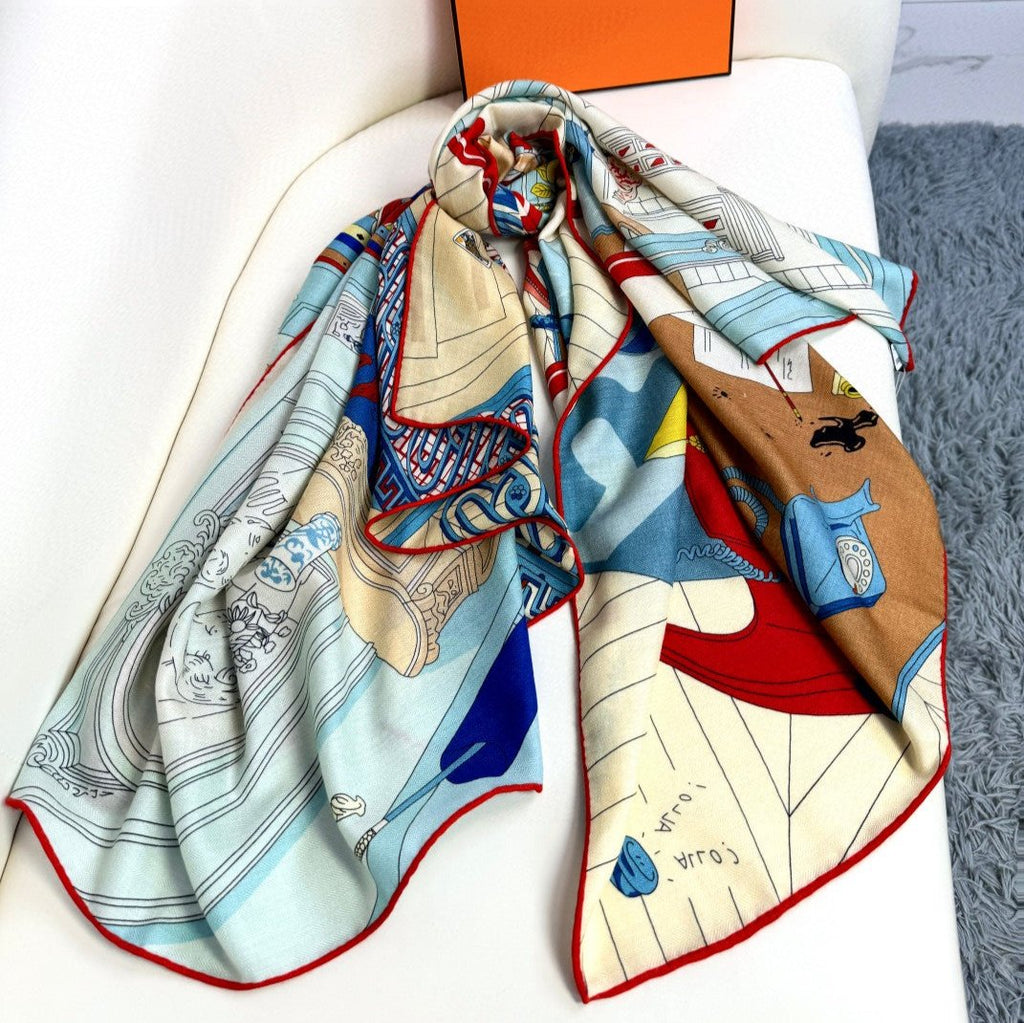Mystere Au 24 Scarf 135 CM Light Jade Blue Colorful Cashmere And Silk